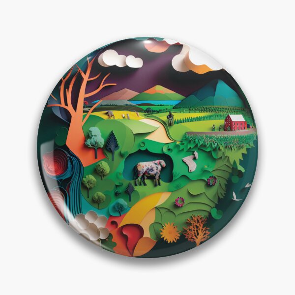 Item preview, landscape with mountains, lake and house very colorful, paper cut style designed and sold by artpapercuts.