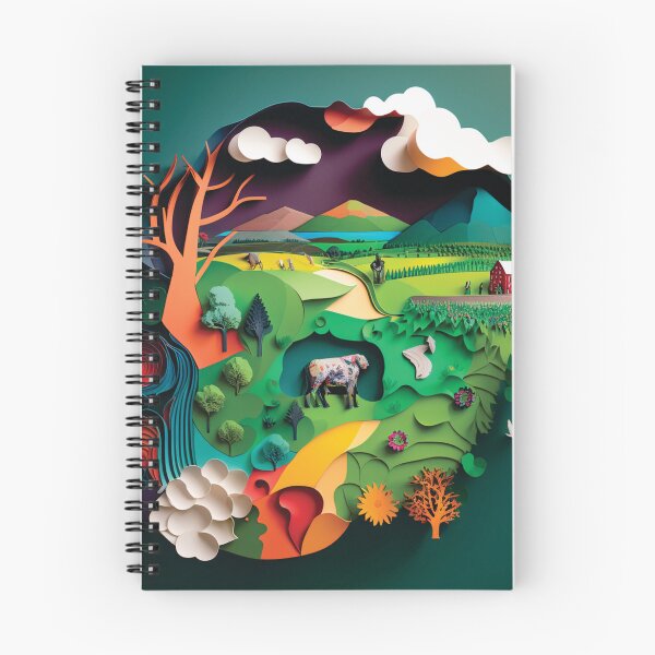 Item preview, landscape with mountains, lake and house very colorful, paper cut style designed and sold by artpapercuts.