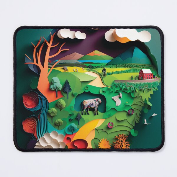 Item preview, landscape with mountains, lake and house very colorful, paper cut style designed and sold by artpapercuts.