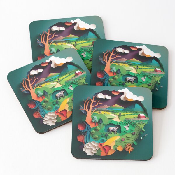 Item preview, landscape with mountains, lake and house very colorful, paper cut style designed and sold by artpapercuts.