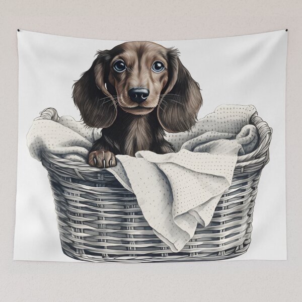 Item preview, Hand-Drawn Puppy Dachshund in Laundry Basket designed and sold by cy312.