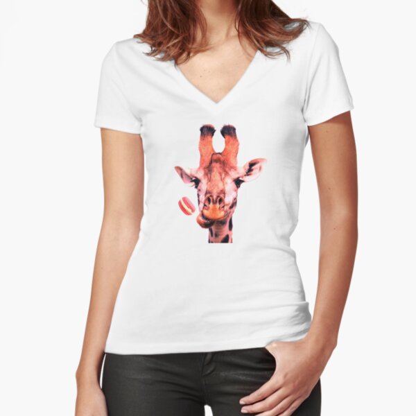 Lovely giraffe with macaron by Alice Monber Fitted V-Neck T-Shirt