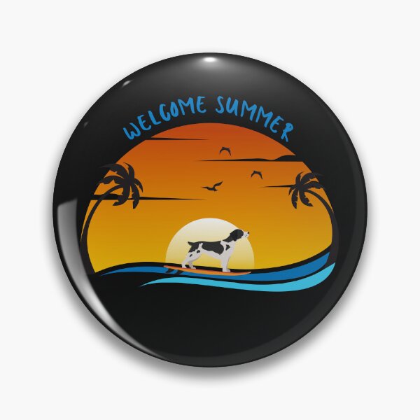 Item preview, Welcome Summer with Brittany Spaniel Dog on Surf and Summer Landscape with Palm, Sunset Sky and Sea designed and sold by SeasonalDogs.