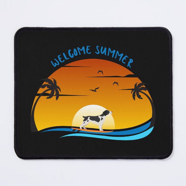Item preview, Welcome Summer with Brittany Spaniel Dog on Surf and Summer Landscape with Palm, Sunset Sky and Sea designed and sold by SeasonalDogs.