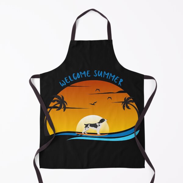 Item preview, Welcome Summer with Brittany Spaniel Dog on Surf and Summer Landscape with Palm, Sunset Sky and Sea designed and sold by SeasonalDogs.
