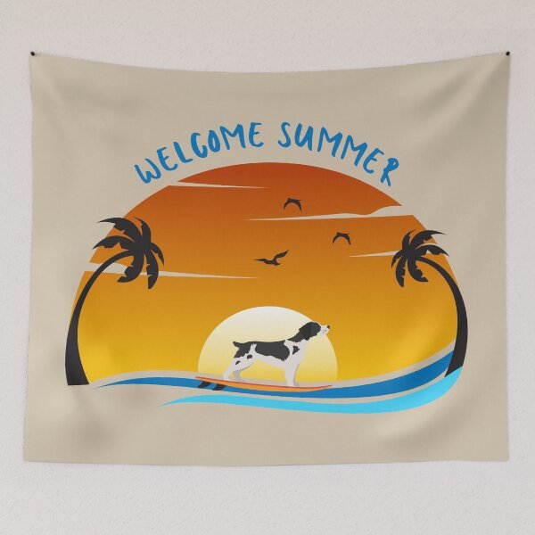 Item preview, Welcome Summer with Brittany Spaniel Dog on Surf and Summer Landscape with Palm, Sunset Sky and Sea designed and sold by SeasonalDogs.