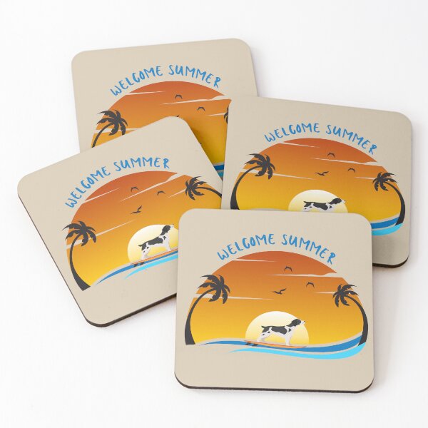 Item preview, Welcome Summer with Brittany Spaniel Dog on Surf and Summer Landscape with Palm, Sunset Sky and Sea designed and sold by SeasonalDogs.