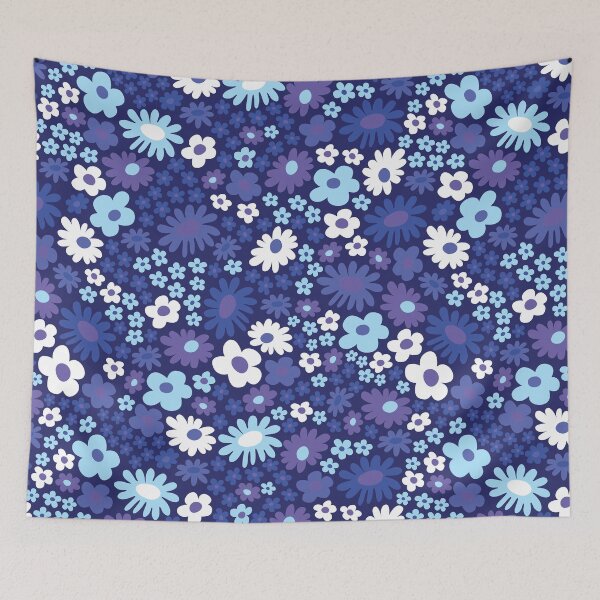 Item preview, Blue 60s retro flower power, pastel blue, baby blue, dark blue, purple, 60s groovy pattern, hippie flowers designed and sold by blomastudios.