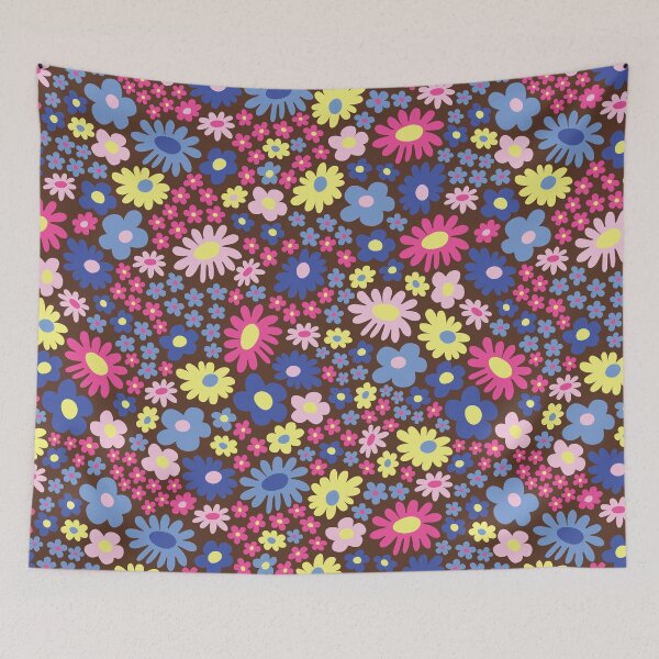 Item preview, brown 60s retro flower power, purple, pink, blue, yellow, 60s groovy pattern, hippie flowers designed and sold by blomastudios.