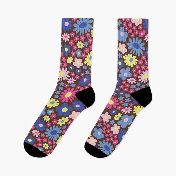 Item preview, brown 60s retro flower power, purple, pink, blue, yellow, 60s groovy pattern, hippie flowers designed and sold by blomastudios.