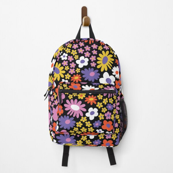 Item preview, Black 60s retro flower power, purple, pink, orange, 60s groovy pattern, hippie flowers designed and sold by blomastudios.