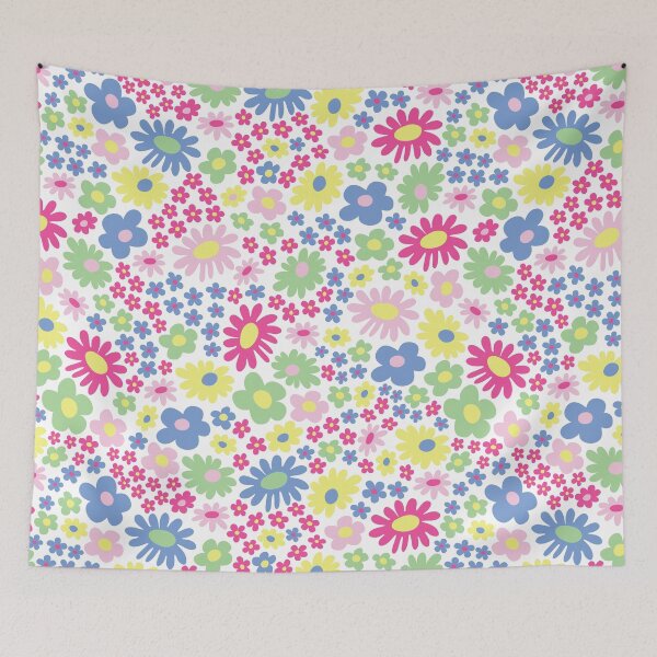 Item preview, pastel 60s retro flower power, pastel pink, pastel blu, yellow, green, 60s groovy pattern, hippie flowers designed and sold by blomastudios.