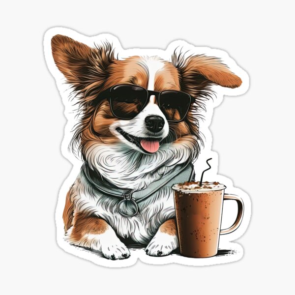 Adorable happy dog drinking coffee Sticker