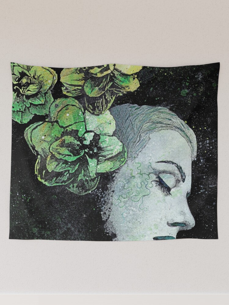 Floral Tapestry, Angel Girl Silhouette with Blooming Rainbow