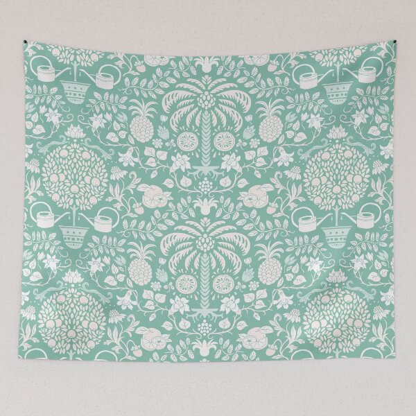 Item preview, colorful orange tree and palm garden damask on mint | repeat pattern designed and sold by colorofmagic.