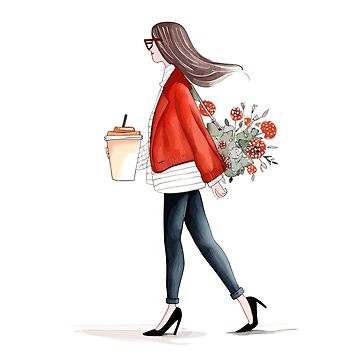 Watercolor Painting of Girl with Coffee and Flowers: Whimsical Wall Art |  Sticker