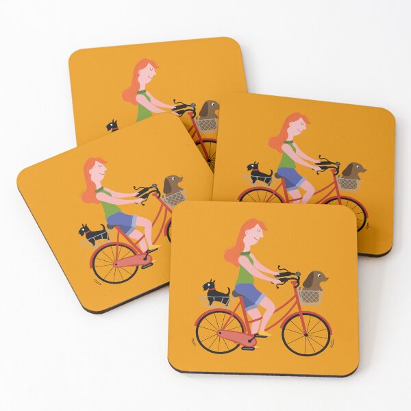 Item preview, Cheerful and summery print of girls riding a bicycle with dogs with yellow background designed and sold by Martapp.