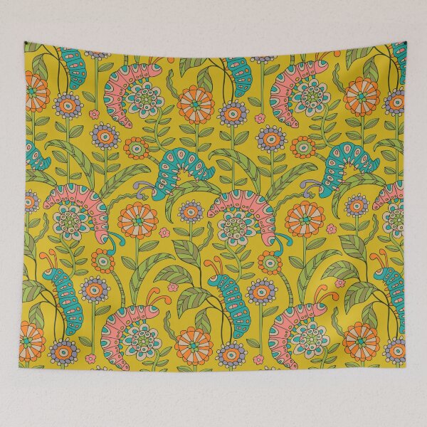 Item preview, CATERPILLAR PLAYGROUND Cute Doodle Bugs Insects in Happy Pink Blue Orange Green on Bright Yellow - UnBlink Studio by Jackie Tahara designed and sold by Jackie Tahara of UnBlink Studio.