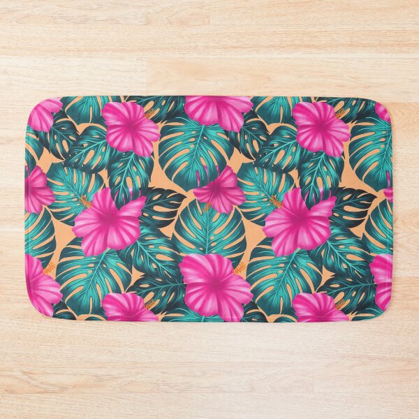 Item preview, Monstera Leaves and Hibiscus, Teal and Pink on Peach designed and sold by Guided by Light Art.