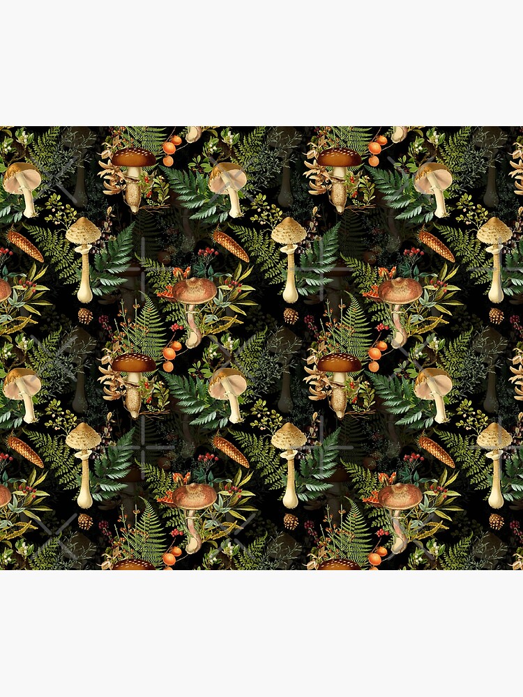 Disover Vintage toxic midnight mushrooms forest Botanical Night Garden pattern on black Shower Curtain