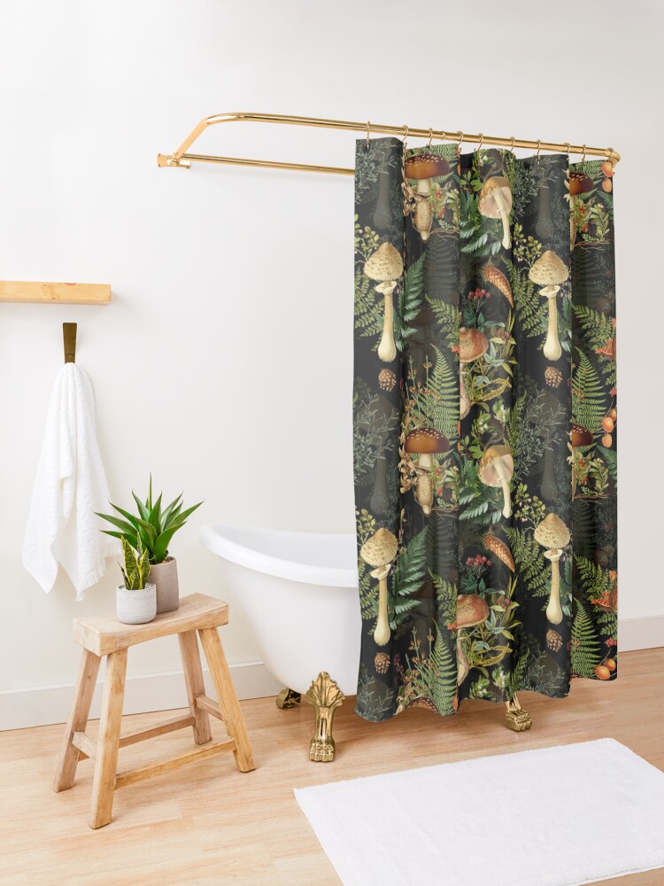 Discover Vintage toxic midnight mushrooms forest Botanical Night Garden pattern on black Shower Curtain