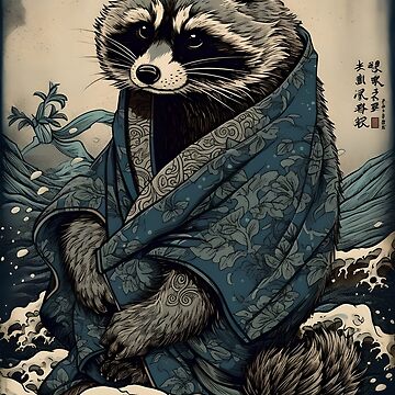 Artwork thumbnail, Raccoon and Waves - Traditional Japanese Ukiyoe Painting by Coco Fu