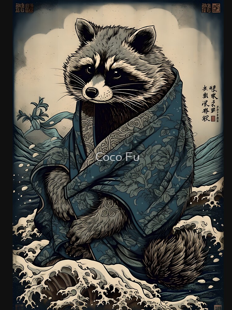 Thumbnail 7 of 7, Classic T-Shirt, Raccoon and Waves - Traditional Japanese Ukiyoe Painting designed and sold by cocorf.