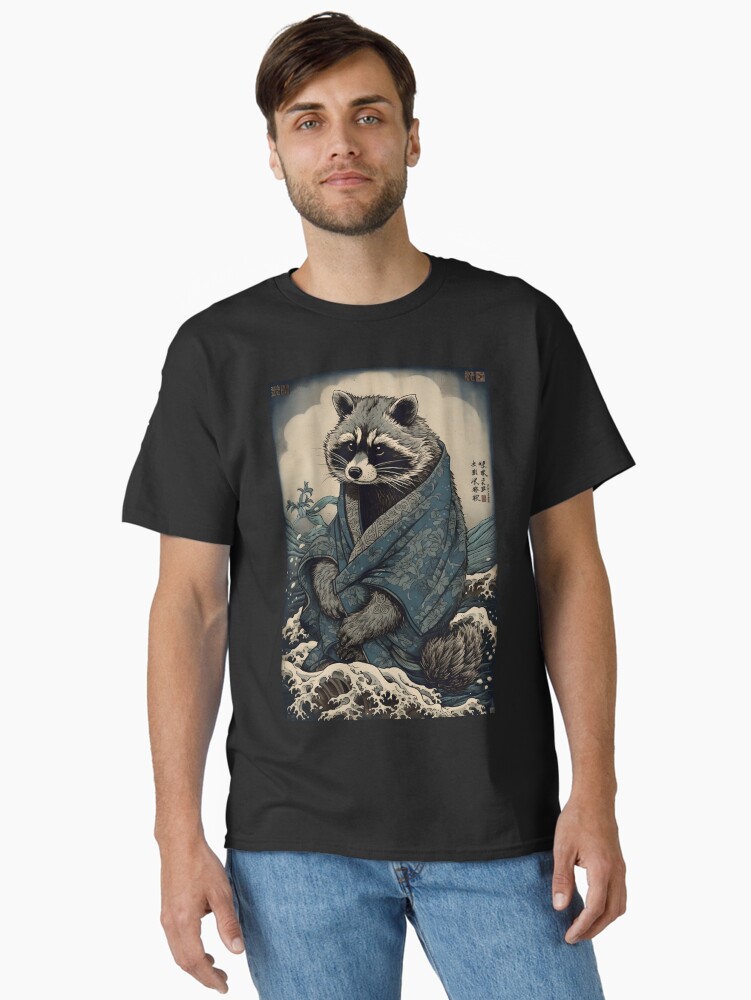 Thumbnail 1 of 7, Classic T-Shirt, Raccoon and Waves - Traditional Japanese Ukiyoe Painting designed and sold by cocorf.