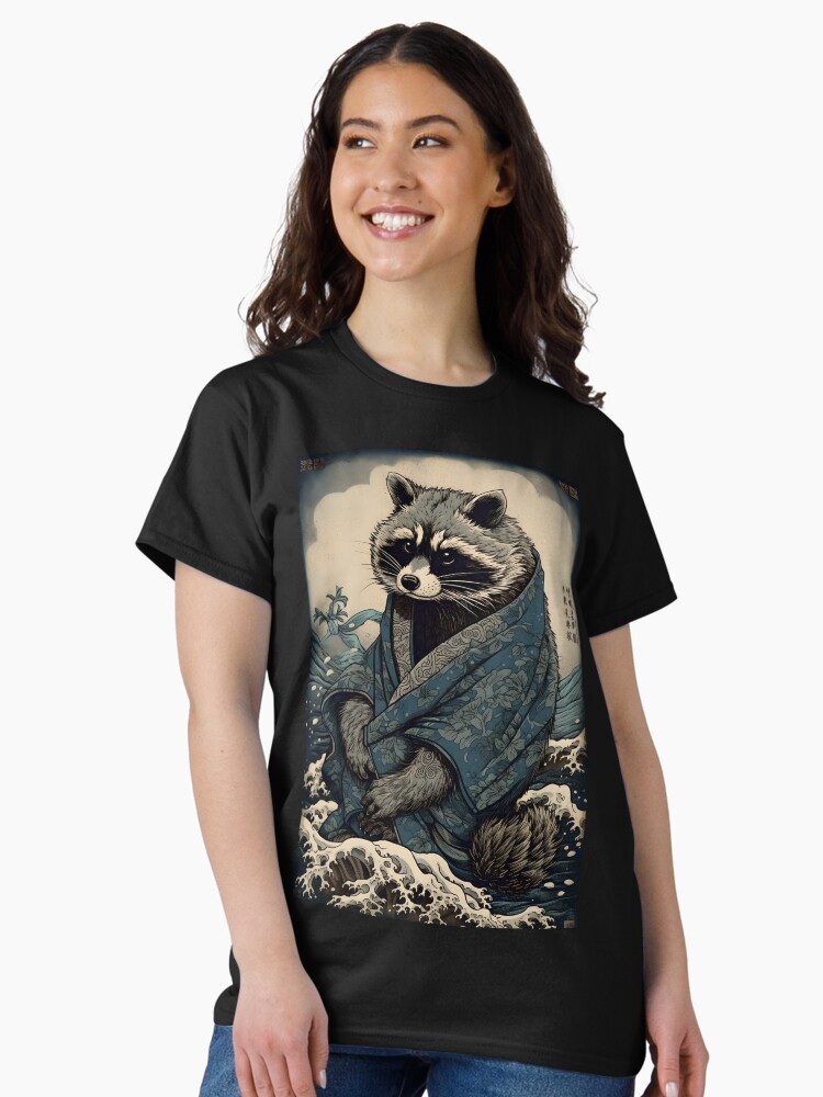 Thumbnail 2 of 7, Classic T-Shirt, Raccoon and Waves - Traditional Japanese Ukiyoe Painting designed and sold by cocorf.