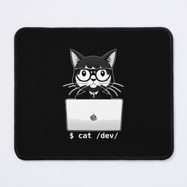 Artikelvorschau, "$ cat /dev/" - Niedliche Cartoon-Katze vor einem Laptop für Entwickler und Programmierer entworfen und verkauft von TuxIdeas.