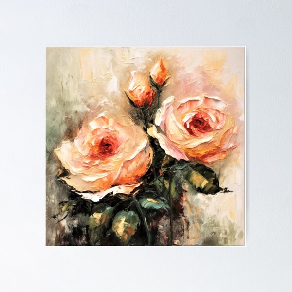 Blooming Rose Love Oil Painting in Vintage Neutral Colors Art