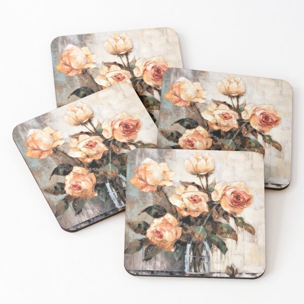 Item preview, Roses in a Vase IV Blossoms Oil Painting in Vintage Neutral Colors Art designed and sold by acrylicartp.