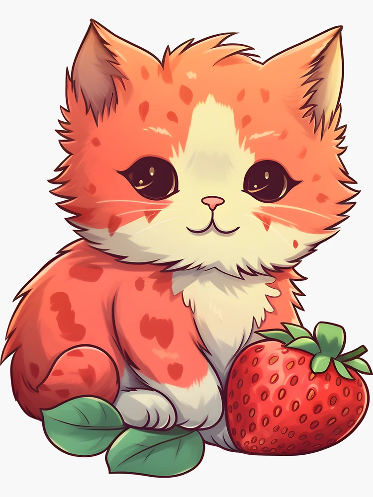 Cute Strawberry Cat Sticker, Silly Fruit Kitty Sticker Gift for