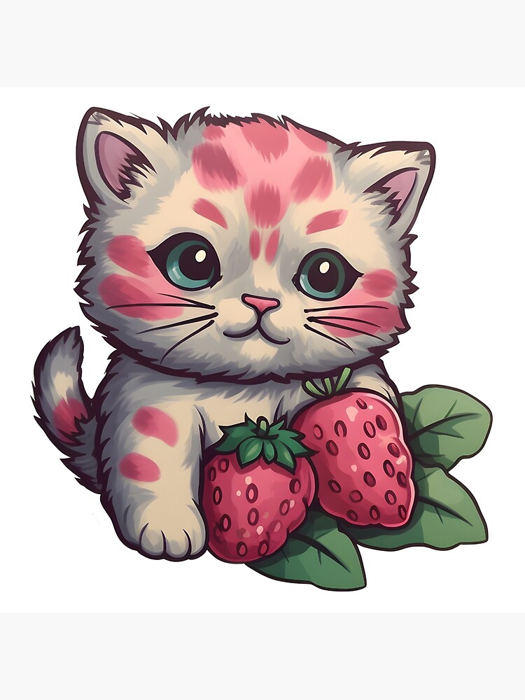 Cute Strawberry Cat Sticker, Silly Fruit Kitty Sticker Gift for