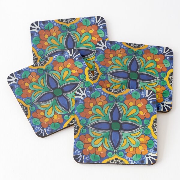 Item preview, Maximalist leaves mexican flowers talavera pottery blue azulejo tile designed and sold by T-Mex.