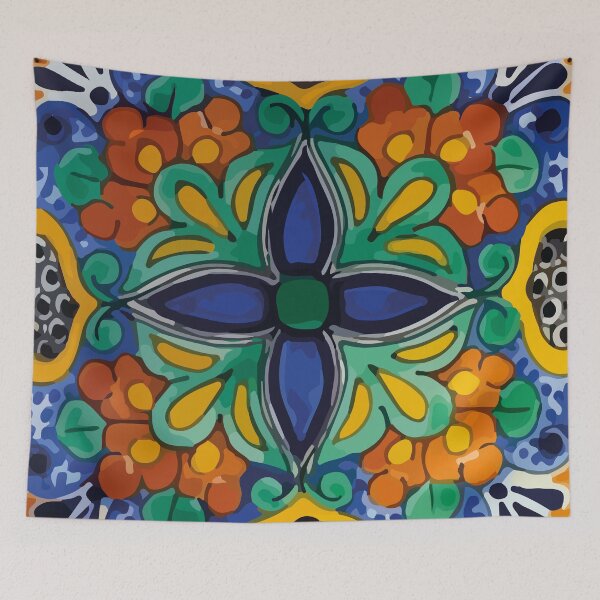 Item preview, Maximalist leaves mexican flowers talavera pottery blue azulejo tile designed and sold by T-Mex.