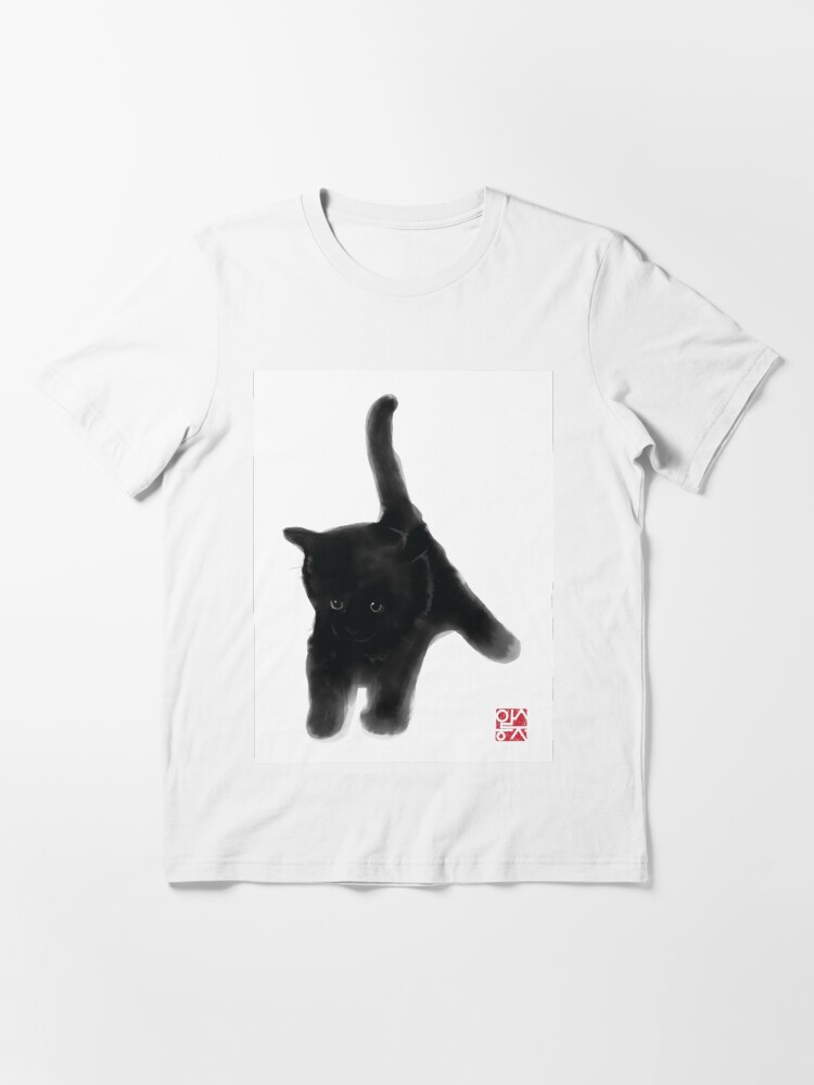 Sweet Black Kitty Card, Sumi-e Painting Illustration Asian Cat