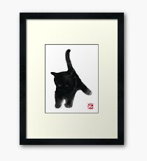 Sweet Black Kitty Card, Sumi-e Painting Illustration Asian Cat Kitten Zen Art Cute Summer Ink Drawing Dog Lover Framed Print