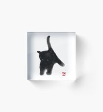 Sweet Black Kitty Card, Sumi-e Painting Illustration Asian Cat Kitten Zen Art Cute Summer Ink Drawing Dog Lover Acrylic Block