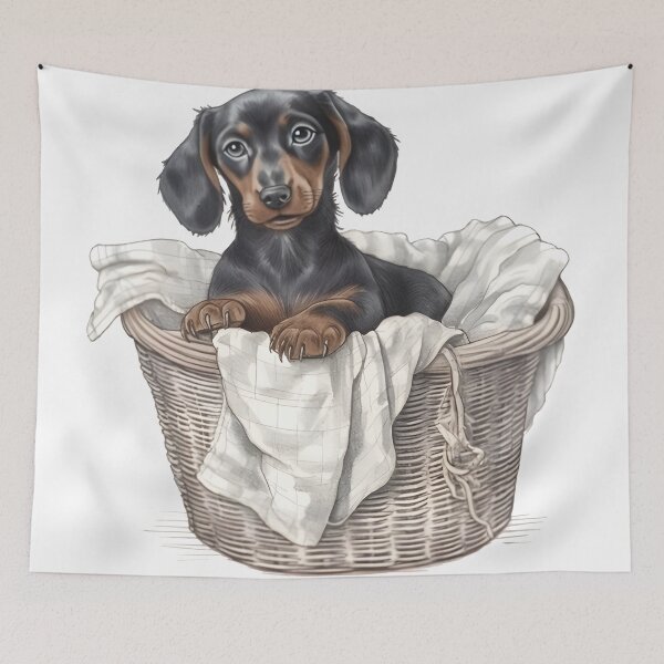Item preview, Hand-Drawn Dachshund Puppy in Laundry Basket designed and sold by cy312.