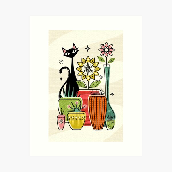 Aperçu de l'œuvre Des pots de fleurs et un chaton ©studioxtine créée et vendue par studioxtine.