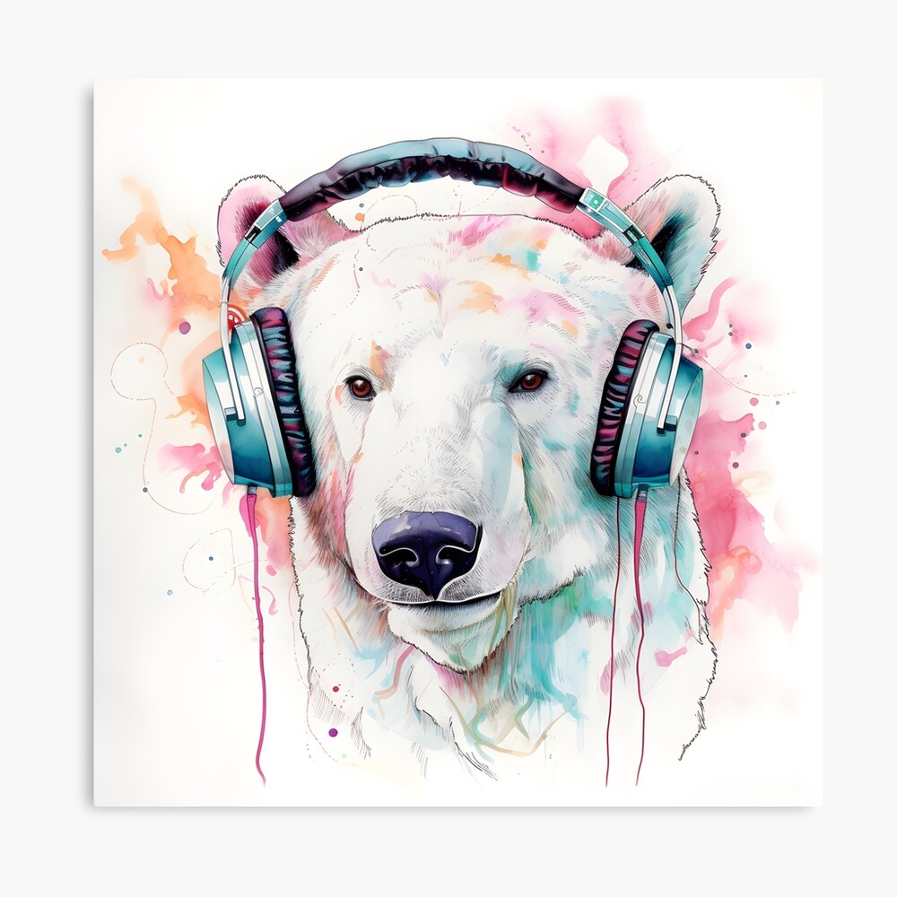 Polar Bear Wearing Headphones Listening to Music