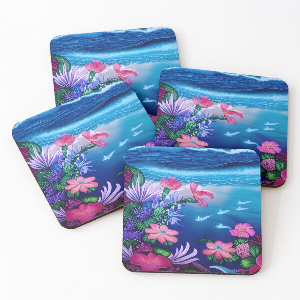 Item preview, Pink floral on the shoreline with dolphins.  designed and sold by Sweet-Medley.