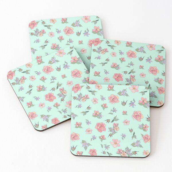 Item preview, Feminine Pink Roses and pastel flowers pattern on mint green designed and sold by HajnalkArt.