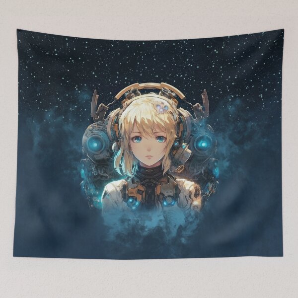 Item preview, Astronaut girl in a metal exoskeleton against the background of space and stars. designed and sold by Andrew Shishkin.