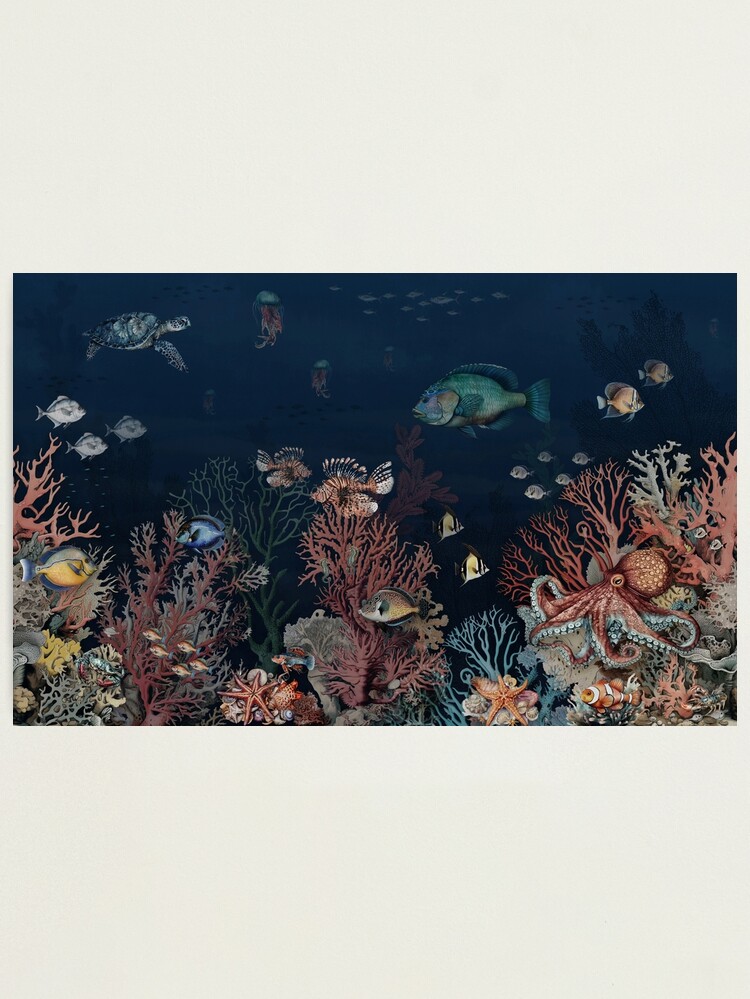 Thumbnail 1 of 3, Photographic Print, Deep sea wallpaper pattern with coral reefs and colorful fish designed and sold by hAITHAM1985.