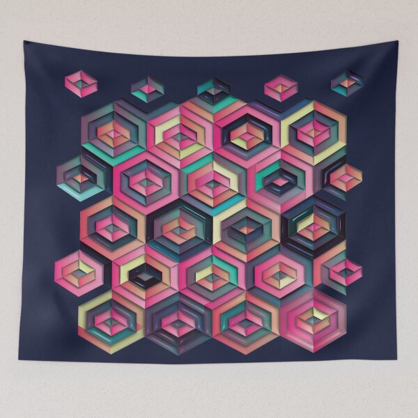 Item preview, Abstract geometric pink, yellow and azure hexagons, illusional optical art designed and sold by IngaDesign.