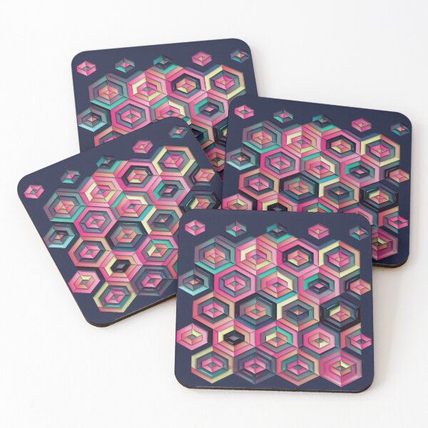 Item preview, Abstract geometric pink, yellow and azure hexagons, illusional optical art designed and sold by IngaDesign.