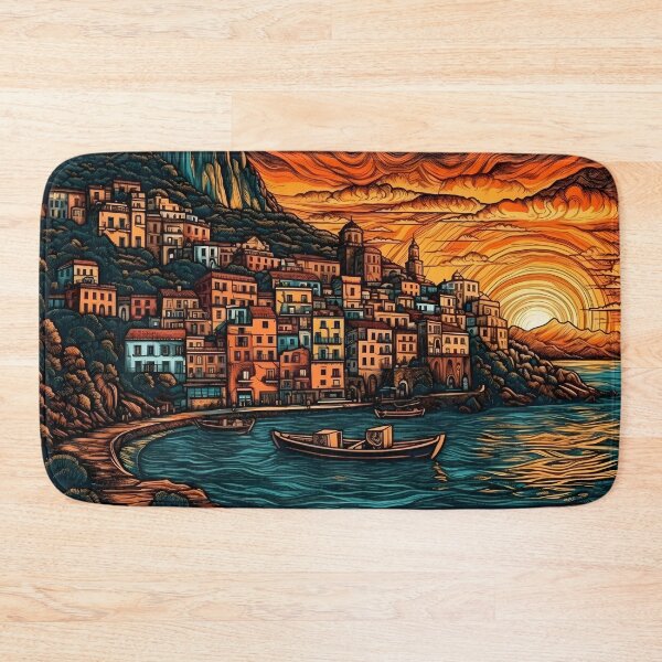 Item preview, Vibrant coastal hamlet aglow in late afternoon hues designed and sold by SingularityGeek.
