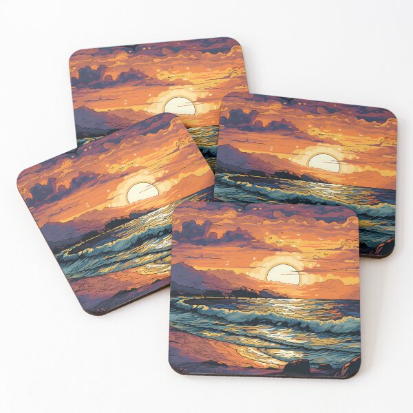 Item preview, Waves crash on the shore, warm colors reflecting the sun's dance upon the water designed and sold by SingularityGeek.